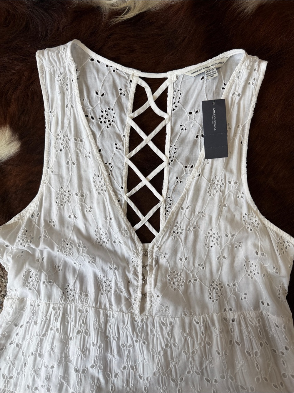 American Eagle Eyelet Lace White Sleeveless Top with Crisscross Back